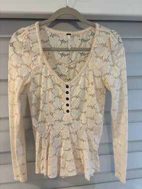 Free People Cream Lace Peplum Long-Sleeve Top